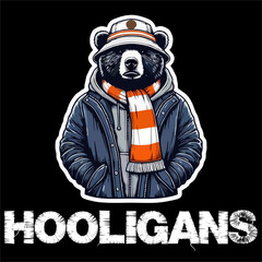 illustration vector graphic of a Bear being Football fans ultras hooligan casual wear parka jacket and wear football scarf design for logo, t-shirt, etc