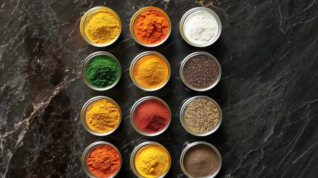 Assorted colorful spices neatly arranged in glass jars on a dark countertop