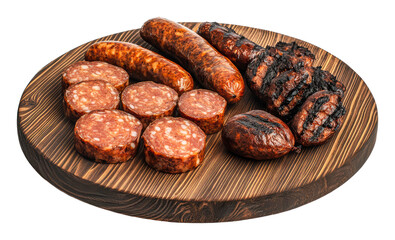 Obraz premium Grilled sausages and meat platter on wooden board, cut out - stock png.