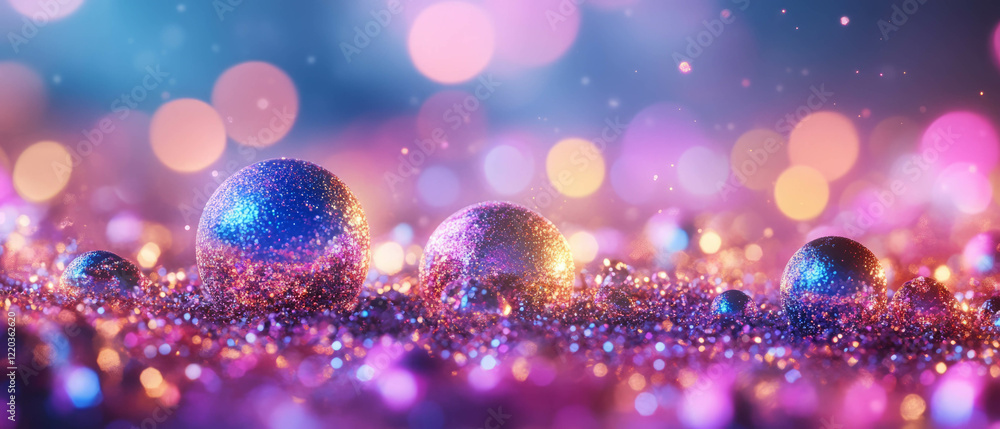Poster spheres emerge from a sparkling pool of glitter in an enchanting abstract background