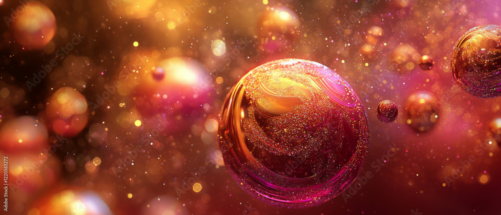 Poster vibrant abstract design with glittering 3d spheres creating intricate patterns in space