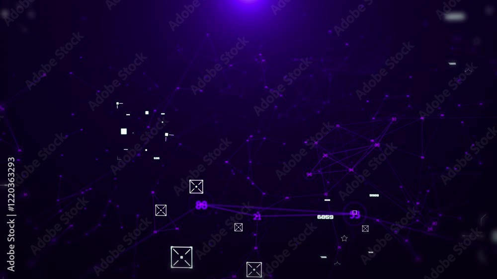 Aufkleber Technology digital cyberspace, data network connection. Futuristic sci-fi with hud ui system interface spinning 4K motion on purple background