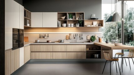 Fototapeta premium Scandinavian-inspired kitchen with sleek light wood cabinets, open shelving, and clutter-free decor