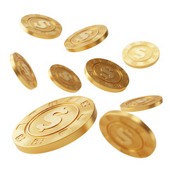 3D Render of Floating Gold Coins With Bitcoin Symbols and Metallic Texture On Transparent...