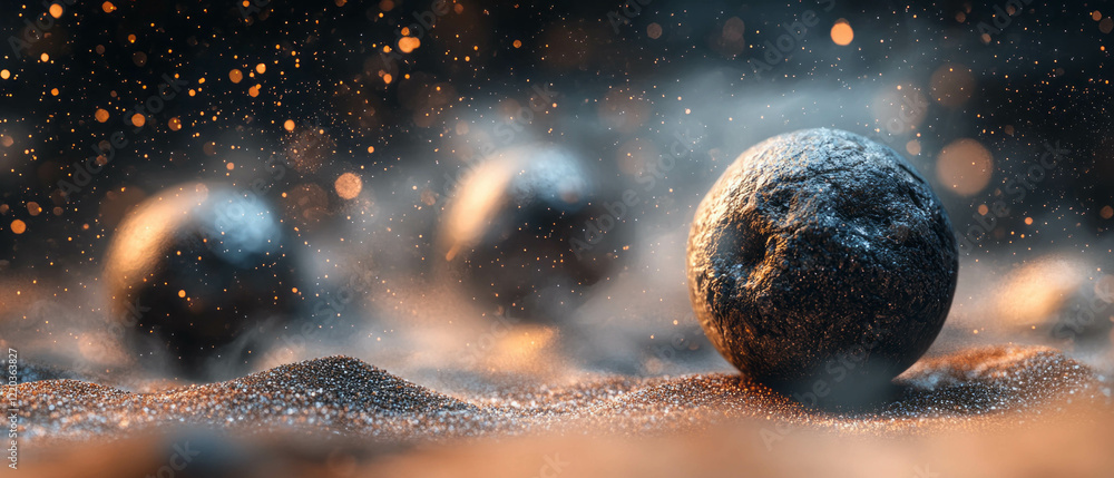 Poster exploration of abstract 3d stone spheres with textured glitter and earthy tones in dynamic setting