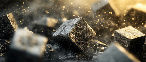 Abstract background featuring 3D stone cubes with glitter dust and earthy tones for creative use