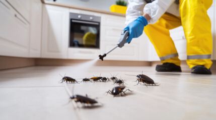 Cockroaches. Pest control specialist sprays insecticide in residential kitchen. Importance of pest control and prevention for maintaining household