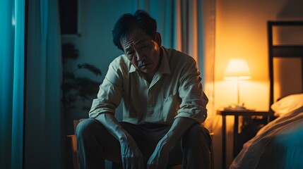 elderly man sitting alone at night feeling sad and lonely