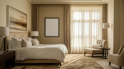 Spacious bedroom featuring a blank poster mockup, airy curtains, and a neutral color palette