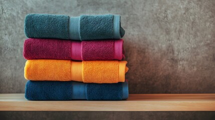 Folded towels on a wooden shelf.