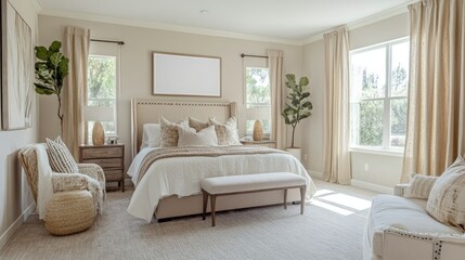 Fototapeta premium Spacious bedroom featuring a blank poster mockup, airy curtains, and a neutral color palette