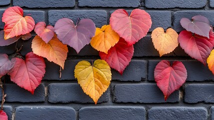 Fototapeta premium A close-up of colorful autumn leaves climbing a brick wall on a quiet urban street.
