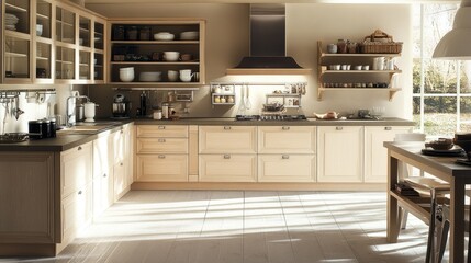 Stylish kitchen featuring pale wooden cabinets, open shelves, and clean lines for a clutter-free, modern look