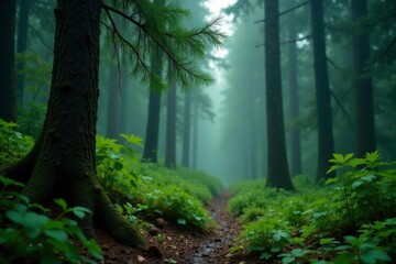 Fototapeta premium Dense coniferous forest canopy with raindrops on needles, tree leaves, forest floor