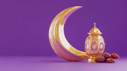 3D illustration of a golden crescent moon with a lantern and dates on a purple background, Ramadan Kareem concept banner design, space for text, copy empty area.