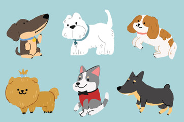 Cute dogs set. Dogs of different breeds. Canine animals pets. Sitting, standing and running pet.