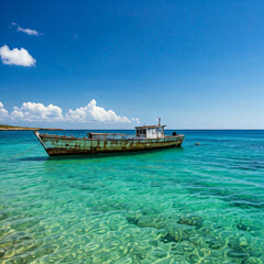  Landscape with a clear blue sky, turquoise water, and an old, weathered fishing boat floating near the shore. The boat appears abandoned, with visible rust and peeling paint.