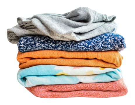 Neatly folded colorful clothes on white, cut out - stock png.