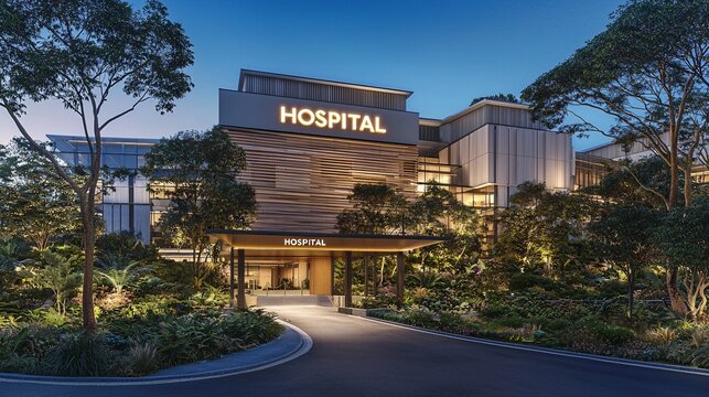 A modern hospital building with a large illuminated hospital sign above the entrance, surrounded by trees and well-maintained landscaping. 