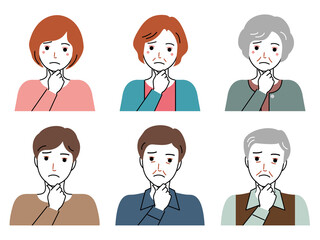 あごに手を当て、けげんな顔の三世代の男女