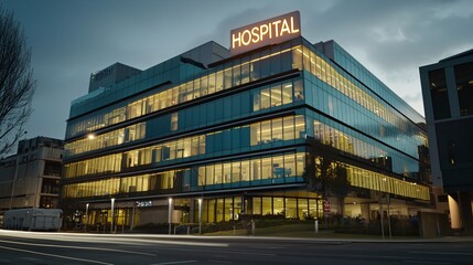 Fototapeta premium A high-rise hospital building with a glowing hospital sign on the top floor, offering a modern, cutting-edge healthcare environment. 