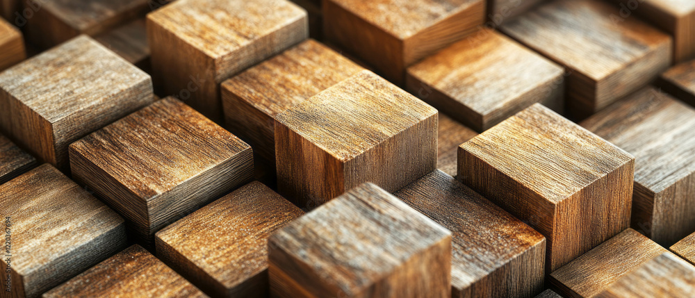 Poster warm rustic background of 3d wooden cubes with a hint of glitter and charm