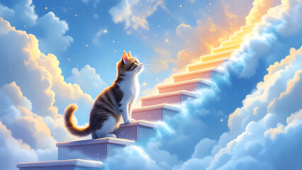 Fototapeta premium Cat walking on a ladder to heaven