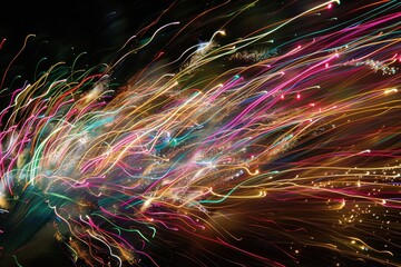Fototapeta premium Colorful abstract light trails create a vibrant and dynamic visual experience in a dark setting during an evening event