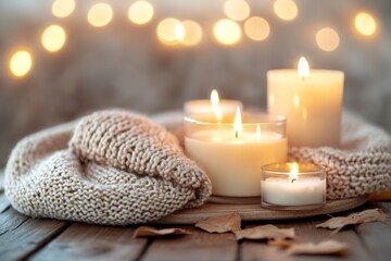 Candles and cozy knit scarf on wooden surface with warm bokeh li