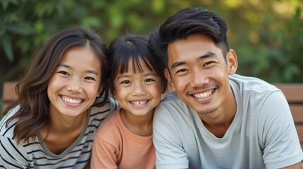 Fototapeta premium Happy asian family sitting on bench outdoors, selective focus