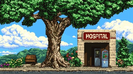 Obraz premium A pixel art illustration of a retro-style hospital with a pixelated 