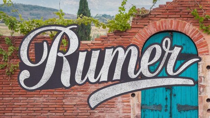 Fototapeta premium name Rumer in white letters on rustic brick wall with blue door