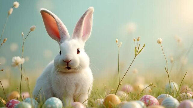 White Rabbit in Spring Meadow with Delicate Flowers