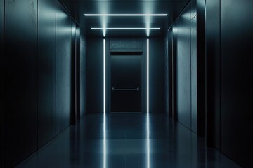 Exploring Dark Modern Hallways: Neon Lights Illuminate Sleek Concrete Walls and a Mysterious Door, Creating a Futuristic Atmosphere.