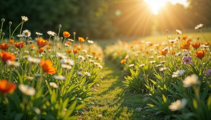 Vibrant flower field during sunset with sunlight illuminating the path, nature photography, copy space
