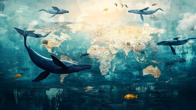 A digital representation of the world map with whales migrating across oceans, showing the importance of conservation efforts worldwide on World Whale Day