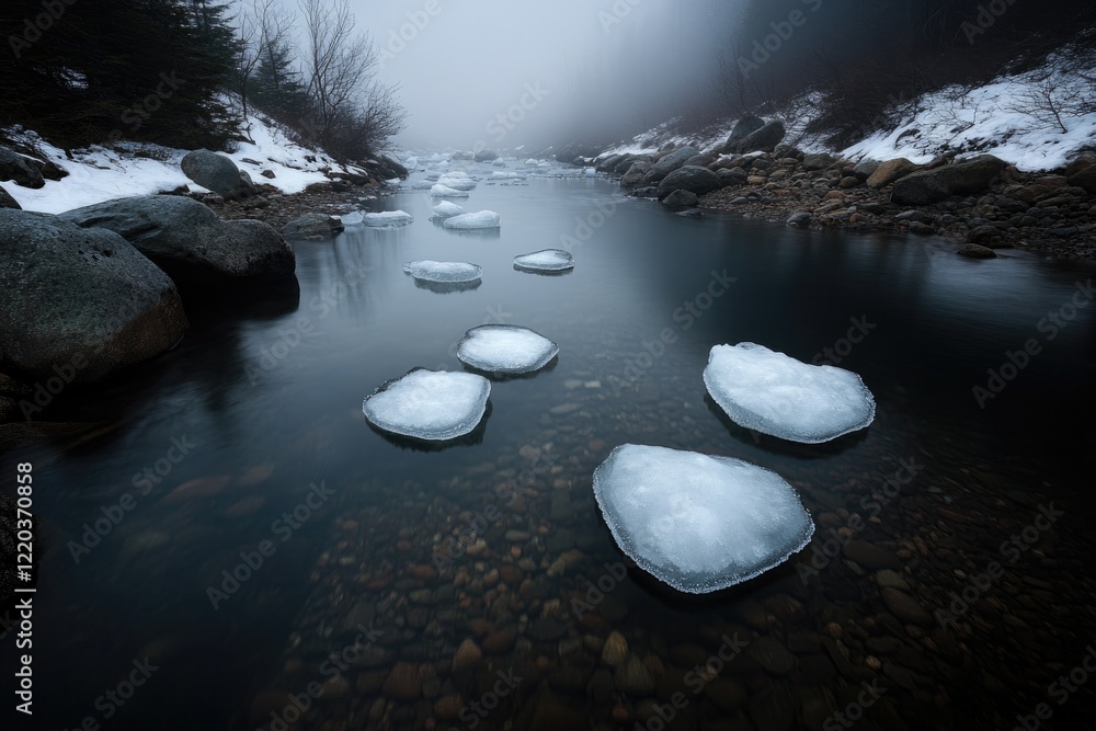 Poster mysterious river scene shrouded in fog with floating ice formati