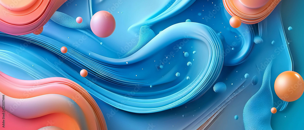Poster dynamic abstract 3d objects engage in an orbiting cosmic dance against a vibrant background