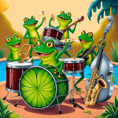 illustration of frogs playing the drum and music