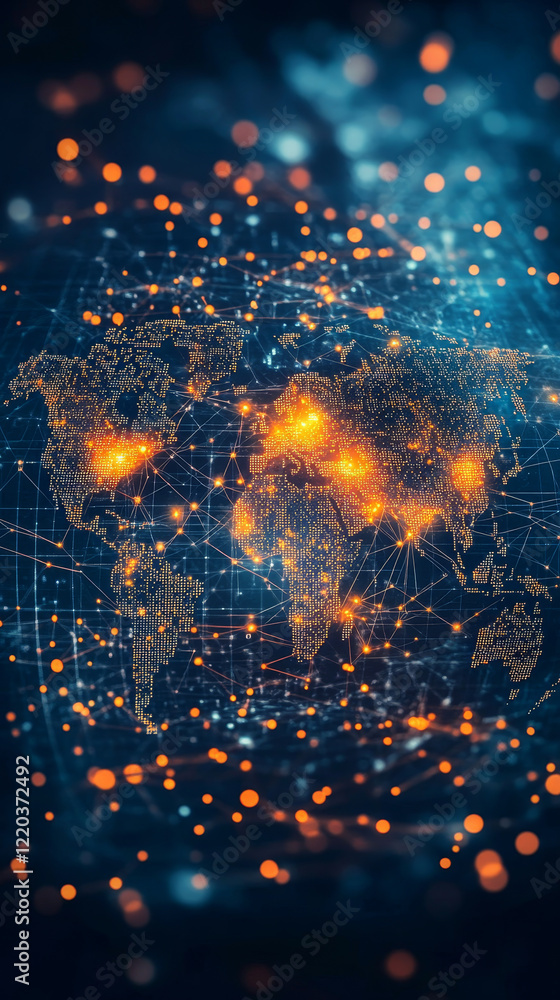 Poster digital world map with glowing data points and connections