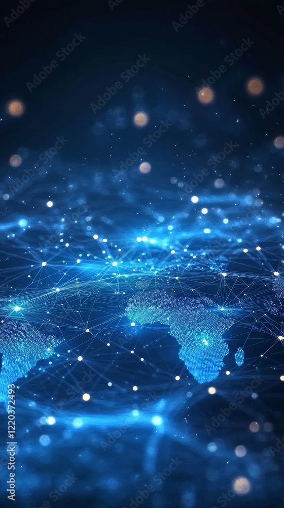 Poster digital world map with glowing connections and data points