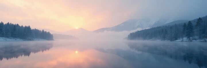 Fototapeta premium Dense fog envelops Baikal in December morning light, lake, serene, tranquil