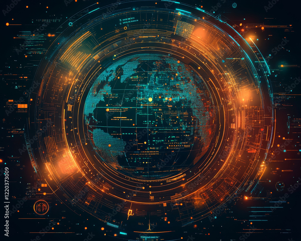 Poster digital globe with data analytics visuals and futuristic design