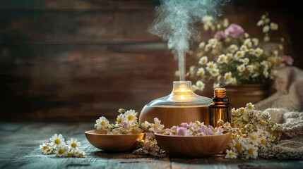 Obraz premium A calming image of a lit aromatherapy diffuser with a small bowl of essential oils and flowers beside it.