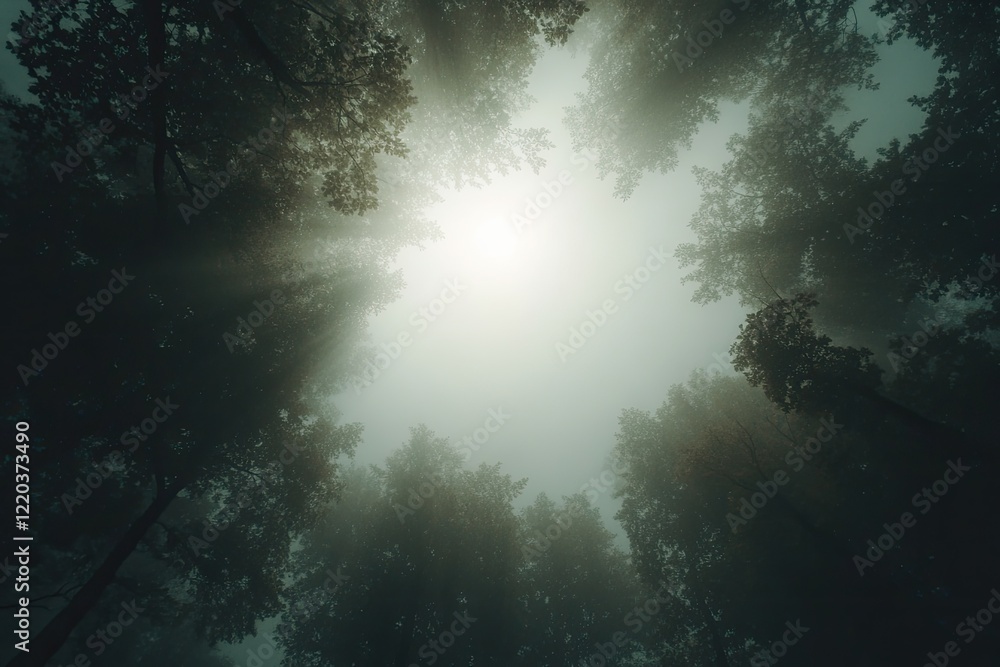 Poster mysterious forest scene with soft light filtering through tall t