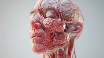 Detailed anatomical rendering of a human head displaying the intricate network of facial nerves and soft tissue structure