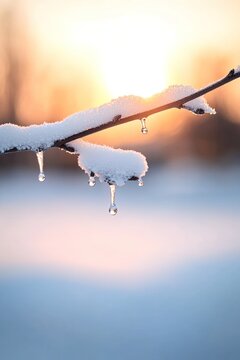 Snow-covered branch glistens with melting icicles as sunlight il