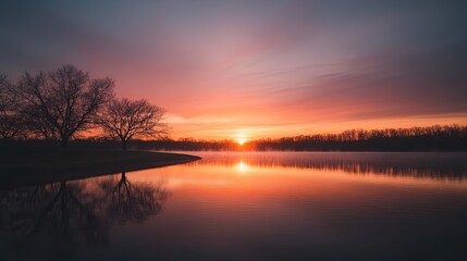 Obraz premium Serene sunset reflects on calm water, framed by silhouetted tree