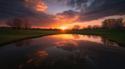 Vibrant sunset reflecting on calm water, surrounded by lush gree