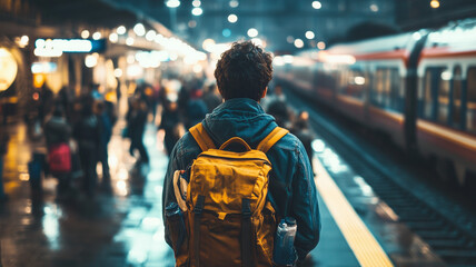 A lone traveler with their back to the camera, standing in an busy train station platform surrounded by people moving fast and blurred out of focus. Ai generated